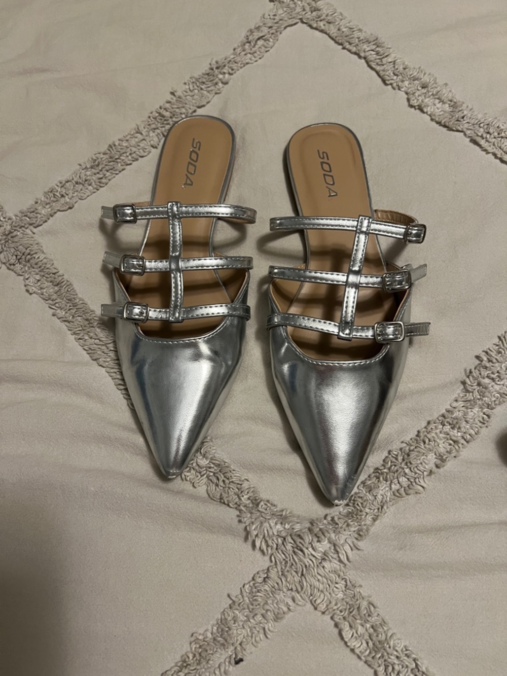 Soda Metallic Silver Pointed Triple-Strap Mules